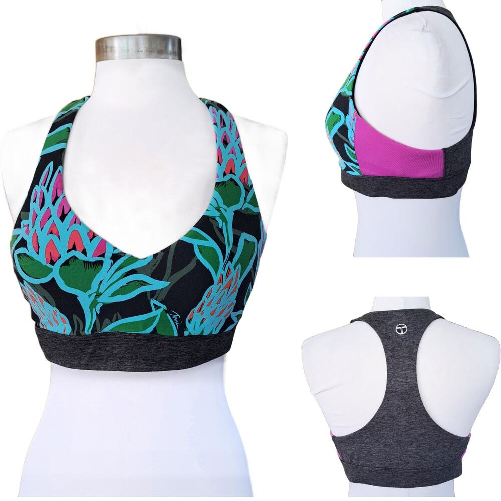 Trina Turk Sports Bra Size Large Racerback Bright Floral Gray Pink Aqua